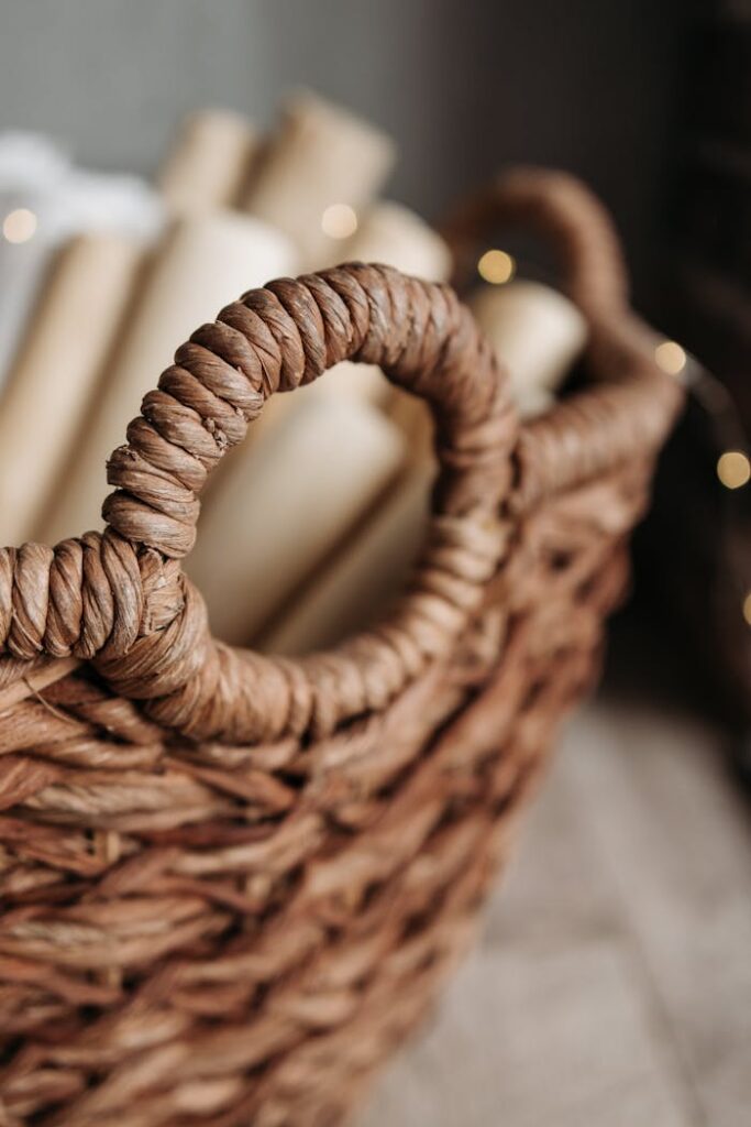 Detailed close-up of a wicker basket filled with rolled papers and adorned with fairy lights.